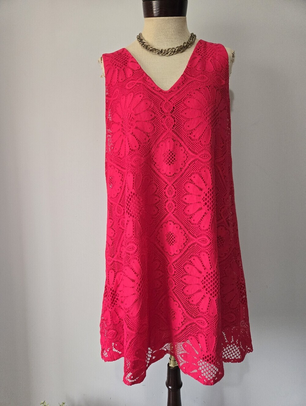 Desigual Bright Pink Crochet Lace A-Line Dress. Size Large